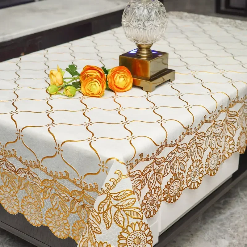 Waterproof Tablecloth Household Rectangular Oilproof PVC Plastic Tablecloth Golden Bronzing Printing Table Cover Table Mat Nappe