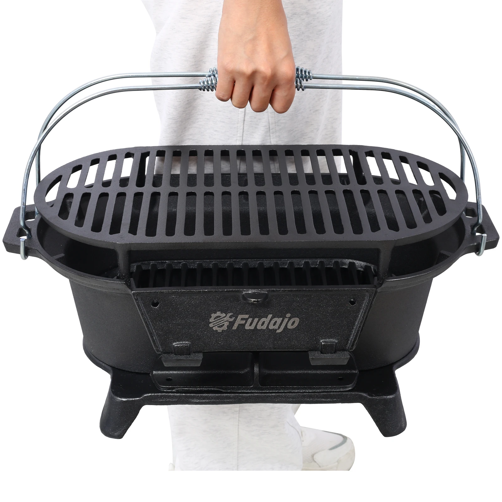 

Portable Oval Cast Iron Charcoal BBQ Grill Tabletop Cast Iron Skillet Hibachi