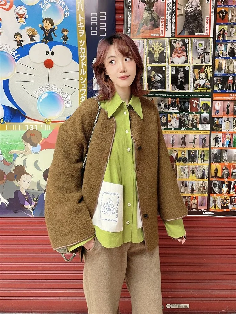 

LERRYMONT Caramel Bear Embroidered ket Scarf Woolen Jaet Casual Sle Thi Winter Coat for Young And Middle-Aged Women