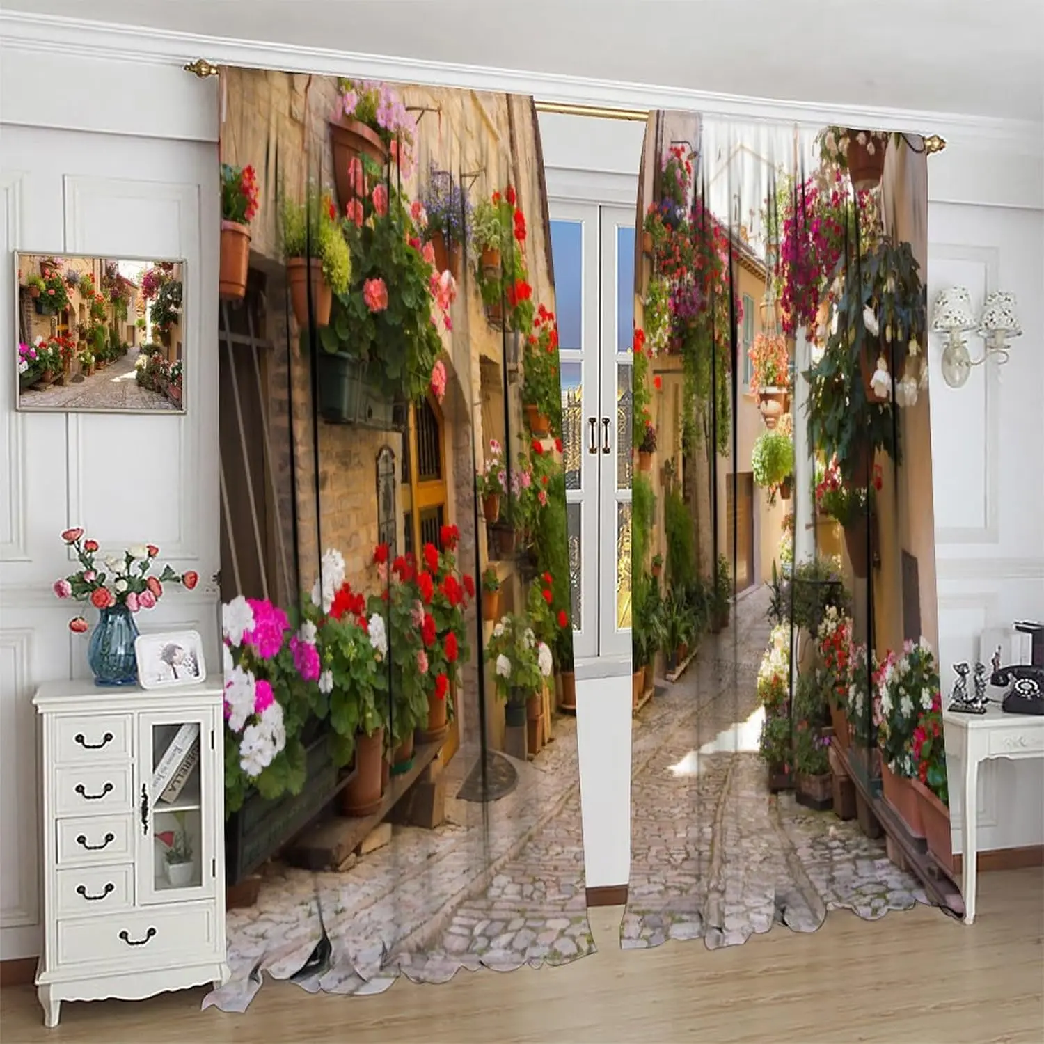 Italian Architectural Landscape Curtains,Vintage European Style Natural Plants Flowers Architectural Art Window Treatments