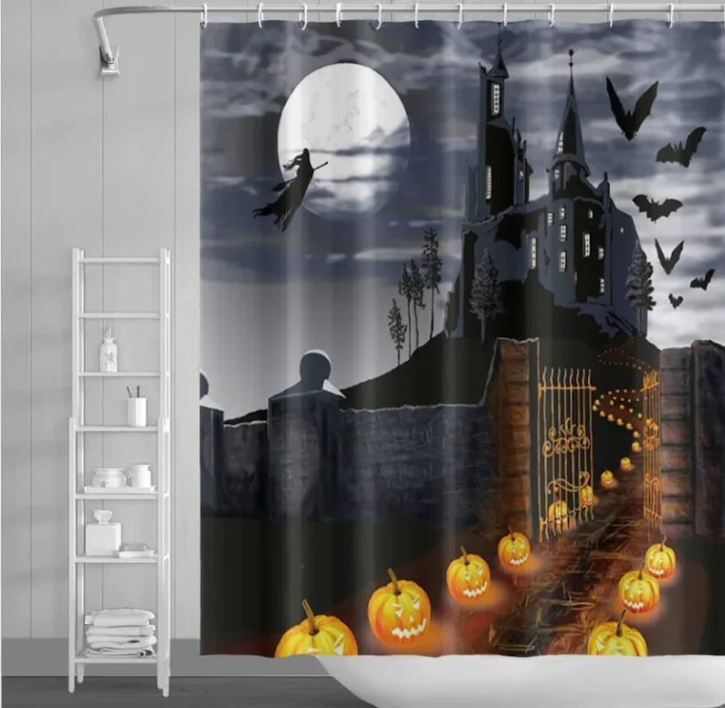 Castle Bat Pumpkin Shower Curtain Sets For Bathroom Watercolor Halloween Night Witch Window