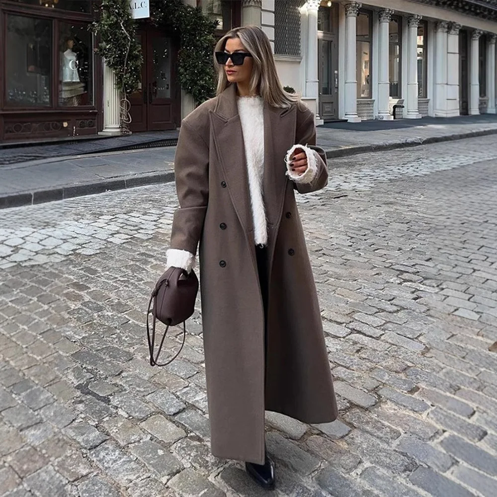 

Solid Lapel Long Woolen Coats Loose Full Sleeve Double Breasted Shoulder Pads Overcoats Loose Straight Coats New Lady Outwears