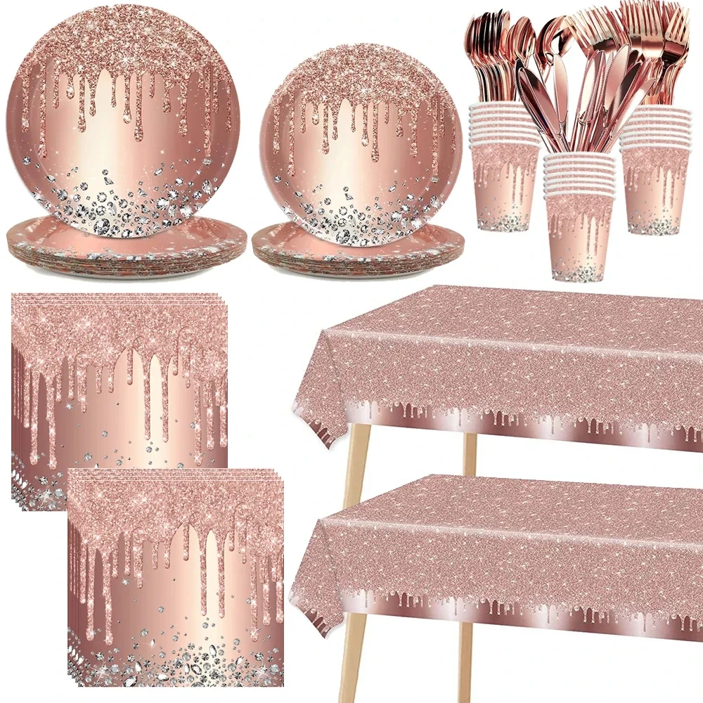 Rosa Rose Gold Hochzeit Party Supplies Geburtstag Party Dekoration Diamant Glitzer Muster Pappbecher Teller Erwachsene Mädchen Tischdecke