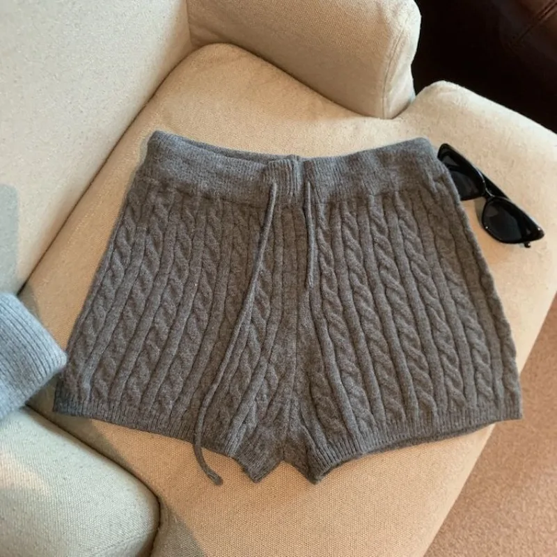 Y2k Knitted Shorts Mujer Solid Autumn Winter Korean Fashion Retro Woman Pants Drawstring Casual Pantalones Cortos