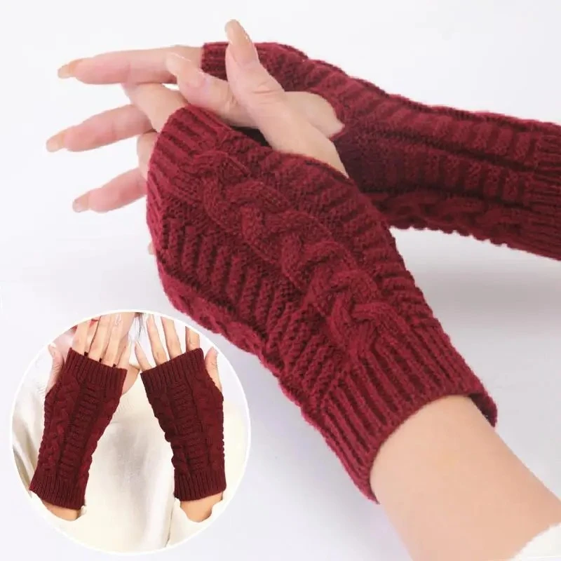 Women Stylish Hand Warmer Winter Gloves Arm Crochet Knitting Faux Wool Mitten Warm Fingerless Glove Twist Pattern Women Gloves