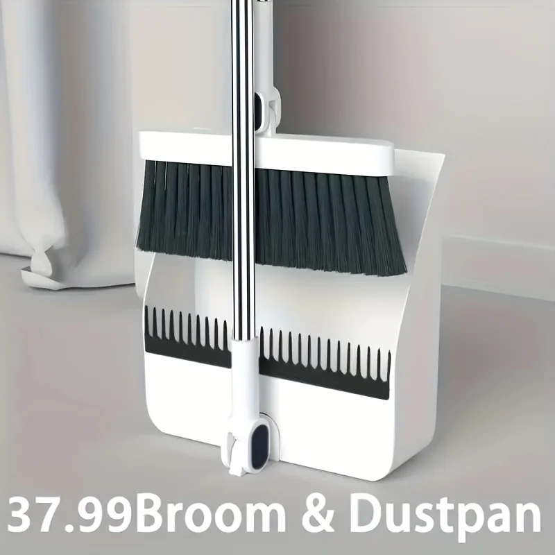 

Broom and Dustpan Set with Comb Teeth - Long Handle Pet Hair Removal Sweeping Tool for Hardwood Tile Floors Home Office