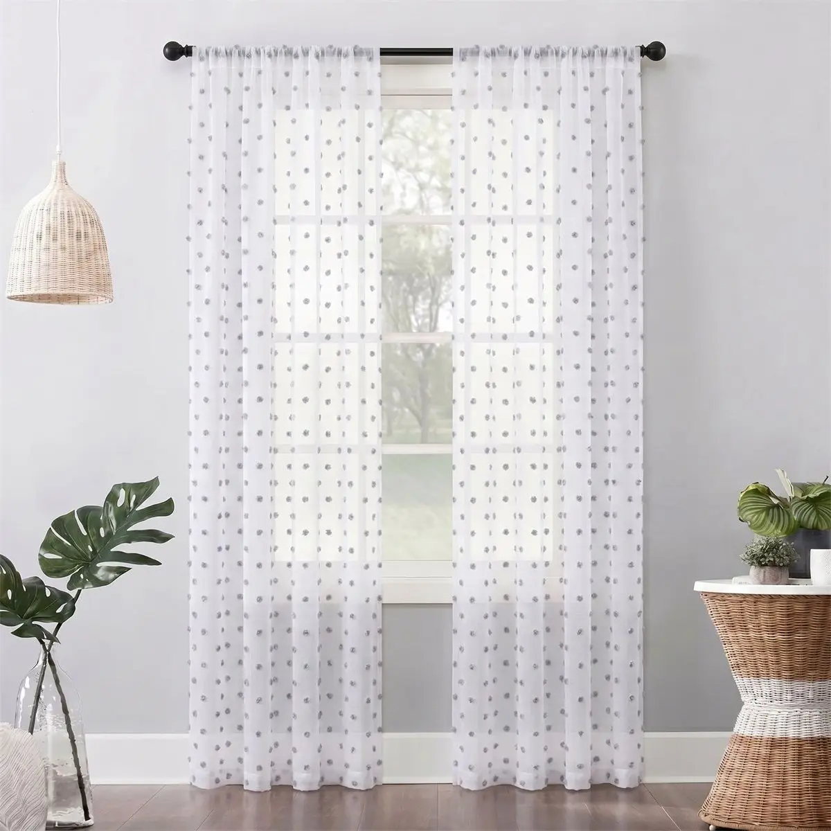 Grauer Pompom-Sheer-Vorhang mit Schlaufenbund, 3D-Pom-Pom-Jacquard-Voile-Vorhang, lichtdurchlässig, weiches Polyester, waschbar, süßer Stil W