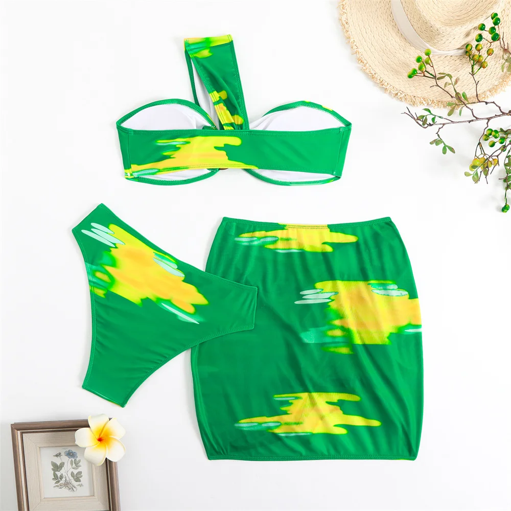 Para praia tie dye gradiente bikini conjunto 2025 3 peça de banho feminino sexy um ombro gravata plissado cordão saia maiô