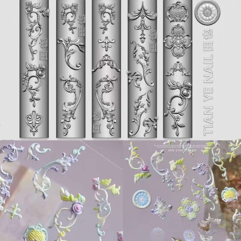 Künstlerische französische Ranken-Blumen-Bankett-Silikonform im europäischen Hofstil Rokoko-Blumenranken 3D-Schnitzerei für Nagelkunst – Detail 5