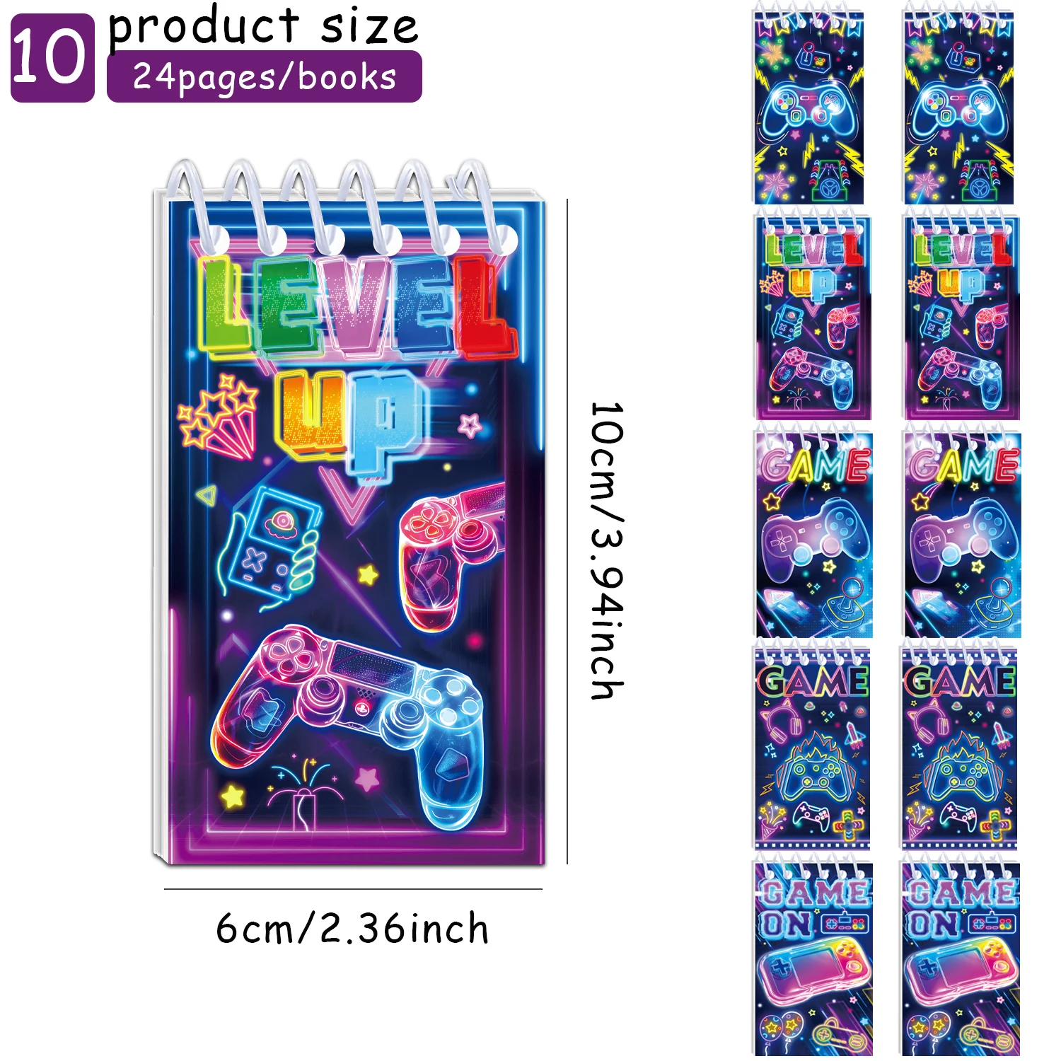Neon Game Controller Mini Spiral Notebook 24 Pages Level Up Game On Print Portable Pocket Notepad Gamer Theme Party Favor