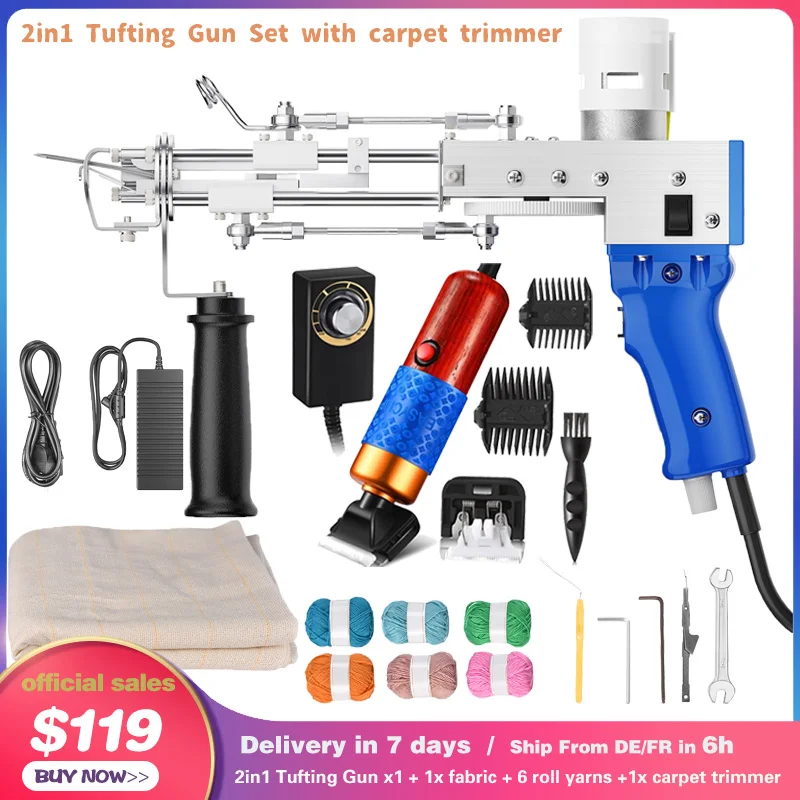 Pistolet Tufting Gun Set 2in1 Electric Tufting Gun, 7-21mm Tufting Machine, with Tufting Carpet Trimmer ,Fabric and Wool Yarns