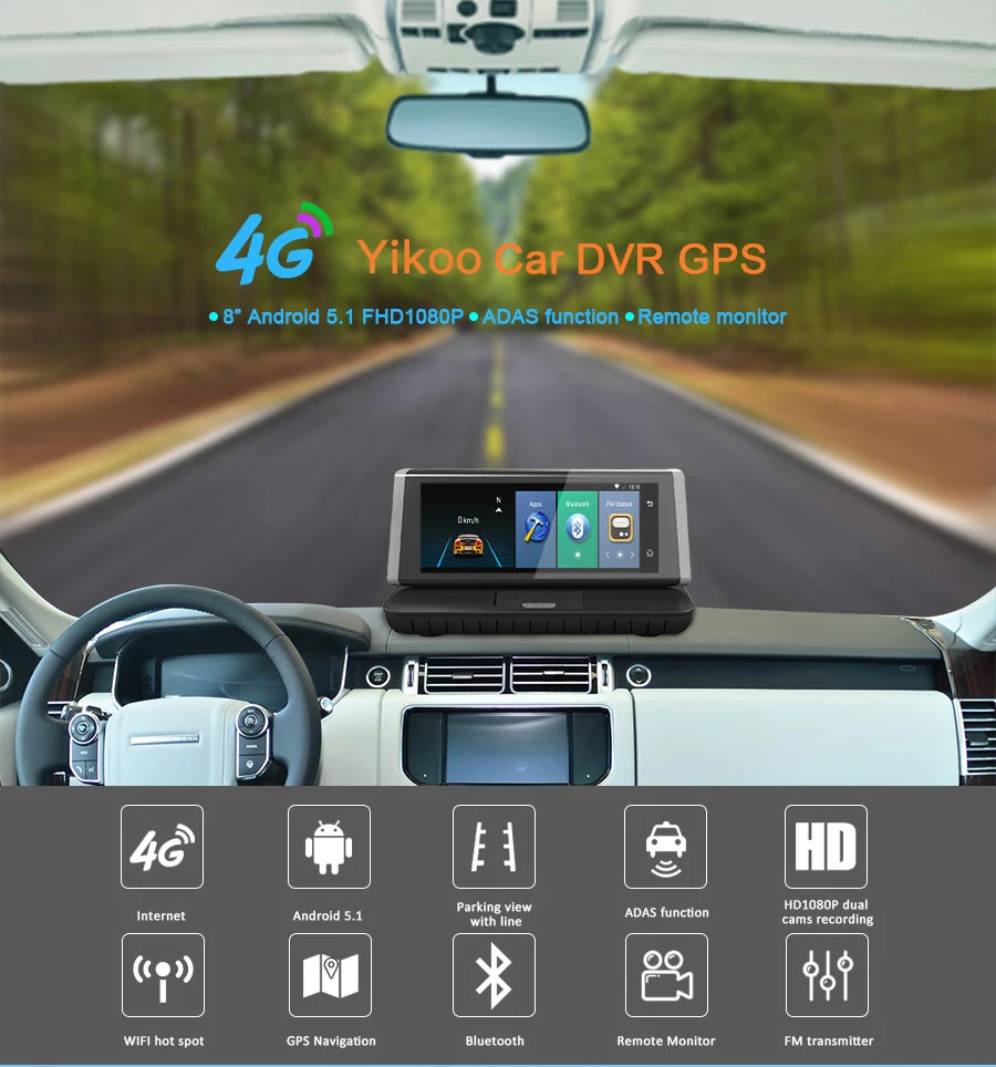 8 "Touch 4G Android Wifi GPS Full HD 1080P Camera Auto Dual Lens Dash Camera ROM 16GB ADAS Auto Dvr Camera