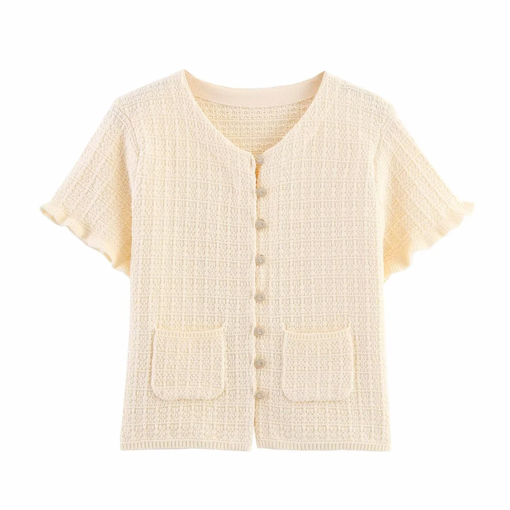 Veste cardigan tricotée décorative pour femmes, col rond, manches courtes, simple boutonnage, couches, nouvelle collection