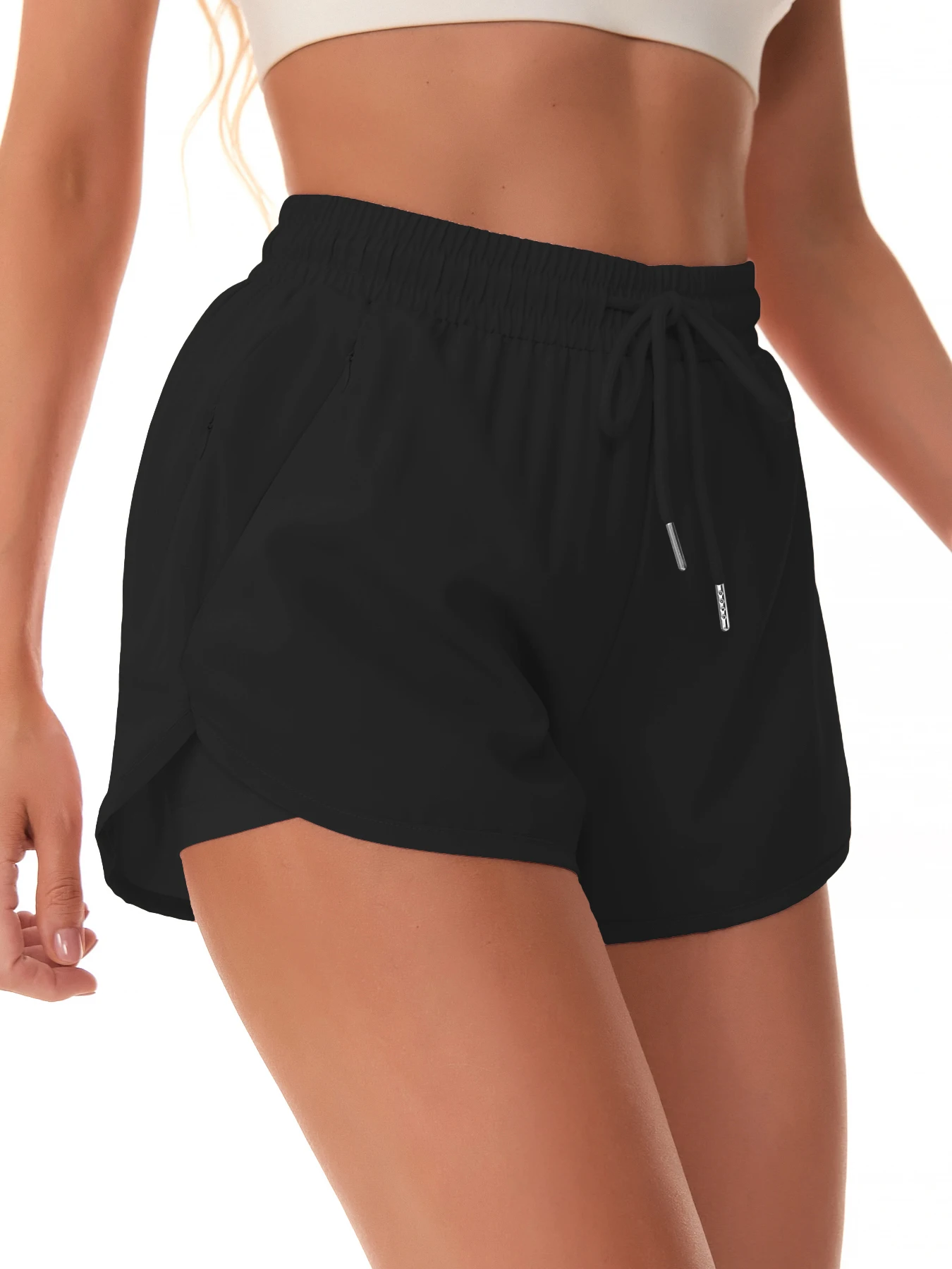 Sportshorts für Damen, zum Laufen, für Yoga, zweiteiliges Design, Shorts mit Anti-Exposition-Funktion, für Fitness, elastisch, figurformende Leggings. – Detail 2