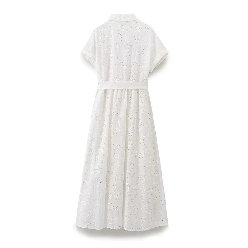 Summer Women With Belt Openwork Embroidery White Shirt Dress Short Sleeve A-line Midi Casual Dress Female Office Vestidos