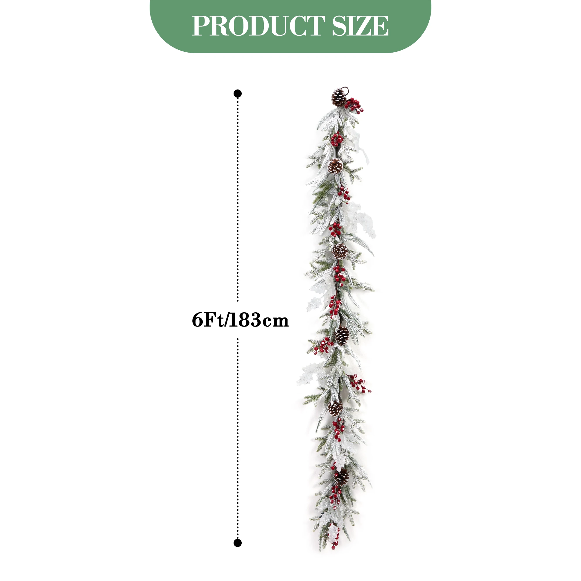 6ft Pre-Lit Christmas Garland - 20 LED Lights, 8 Modes - Real Touch Frosted Pine Greenery with Pine Cones, Red Berries & White Leaves for Mantel, Fireplace, Stairs, Porch Decor - view 4