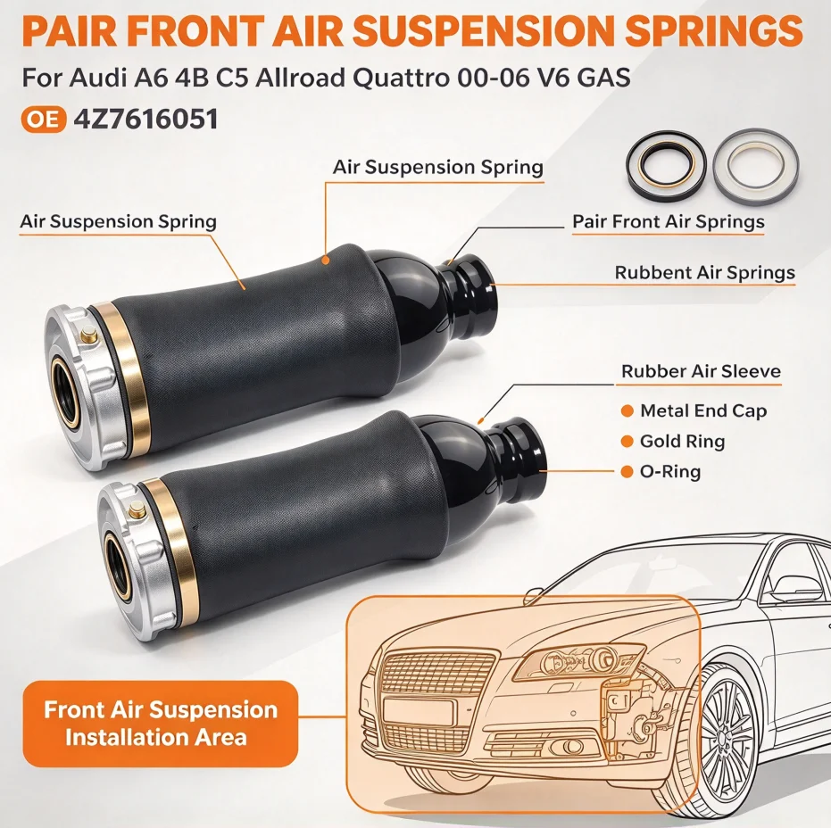 Image of AP01 Paar Vordere Luftfederungen für Audi A6 4B C5 Allroad Quattro 00-06 V6 GAS 4Z7616051 Z7616051B 4Z7616051D 4Z7698507