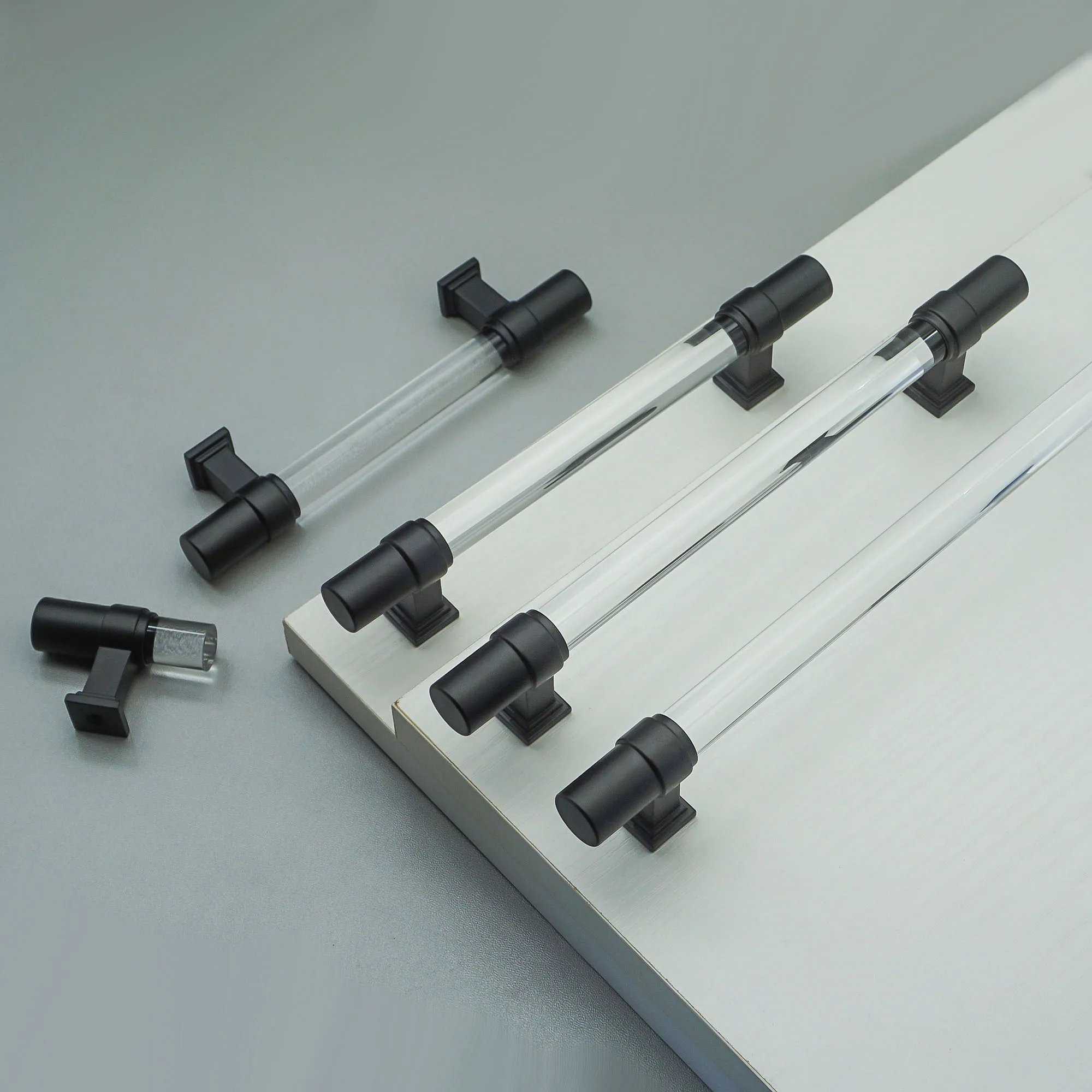 Transparent Acrylic Cabinet Handles Chrome/Black Metal Modern Wardrobe Pulls Kitchen Cupboard Door Knobs Modern Furniture Handle