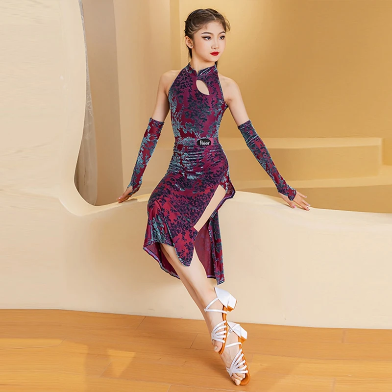 2024 New Latin Dance Costume For Girls' Practice Clothes Cheongsam Practice Training Dance Class Dance Children's Dresses VBH542