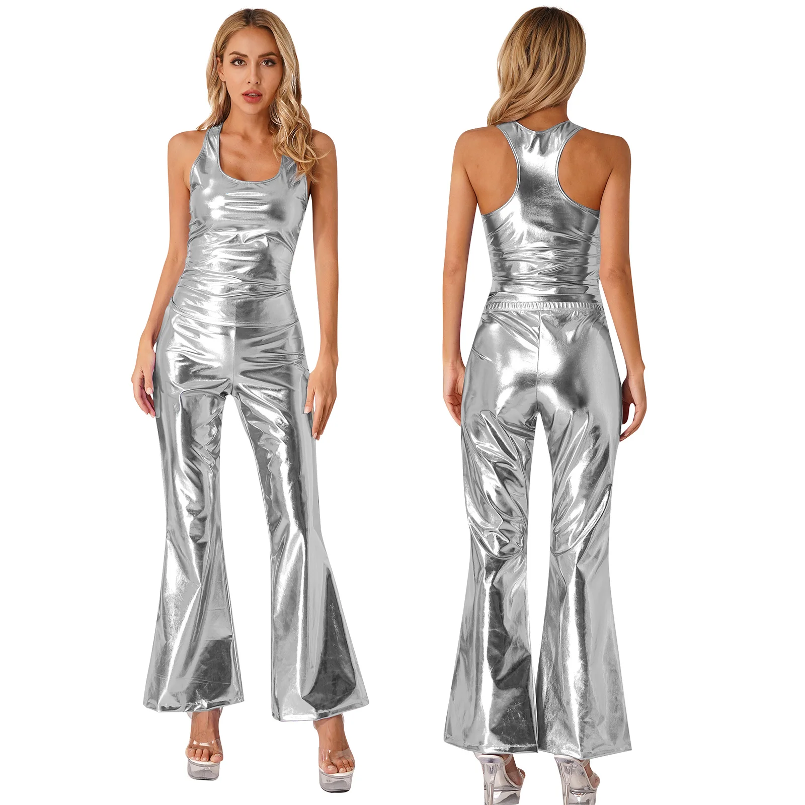 

Women Metallic Shiny Outfit Disco Clubwear Sleeveless Racer Back Tank Top with Flare Pants for 70's Theme Party Music Festival