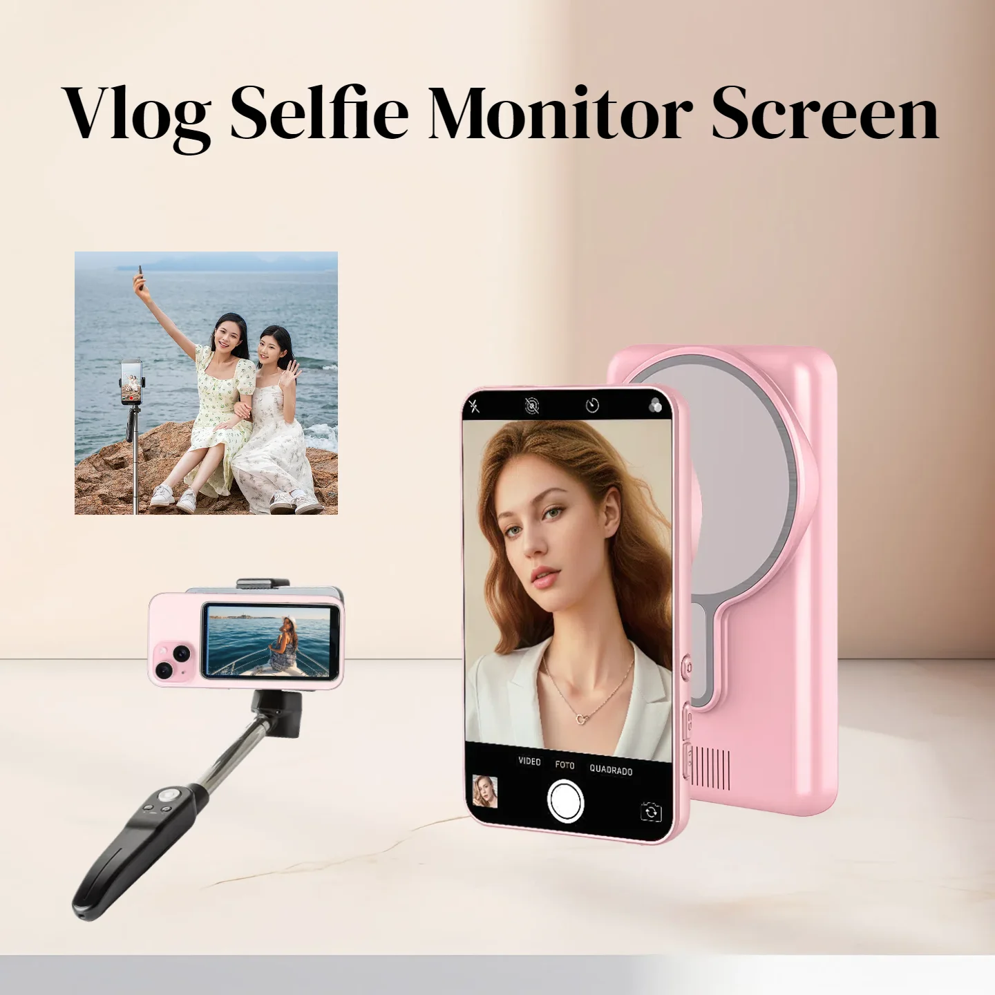 Pantalla rosa de 4,02 pulgadas Teléfono inalámbrico magnético inteligente Vlog Selfie Monitor Pantalla disponible iPhone y Android