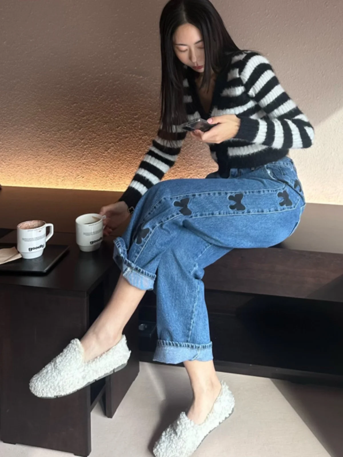 

Retro Washed High Waist Loose Straight Cut Knot Embroidery Women's Jeans Casual Long Trousers Side Patchwork