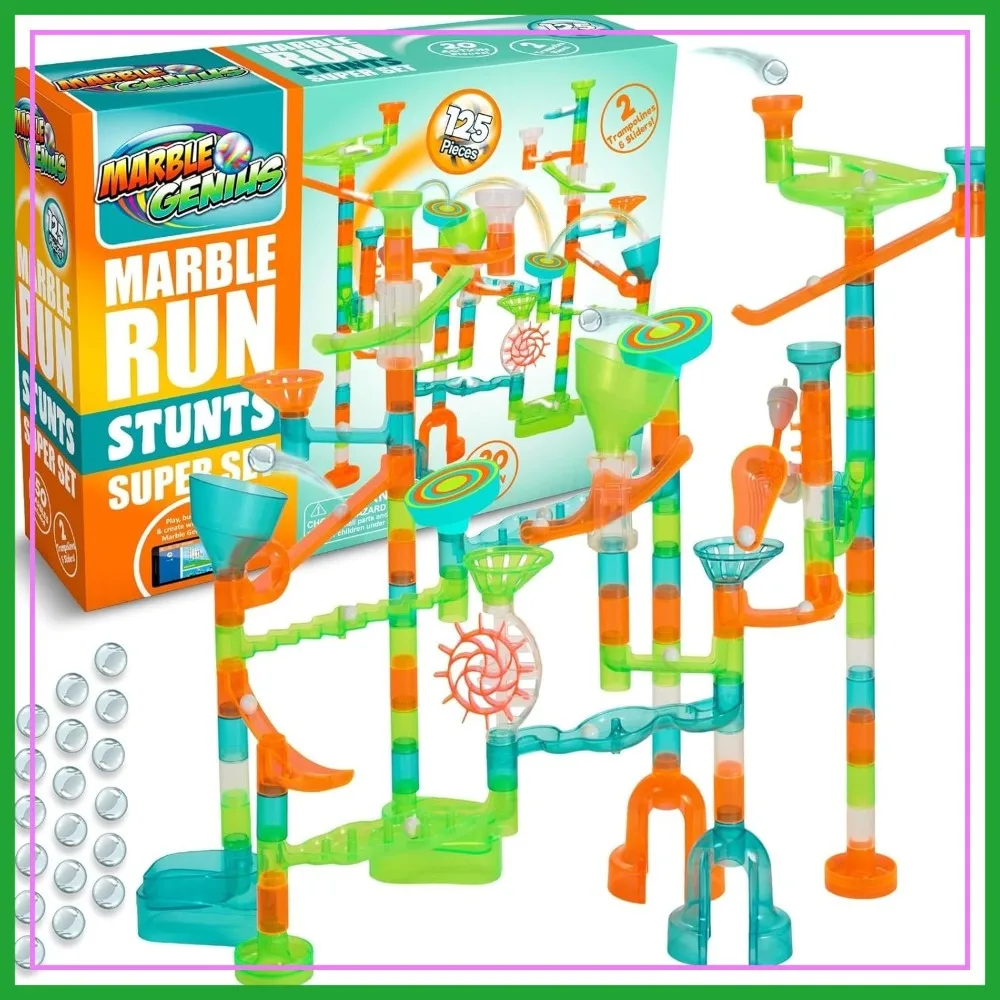 

Marble Run Stunts Super Set: 125 Pieces, 20 Action Pieces, 2 Trampolines, App & Guide, Ages 5+
