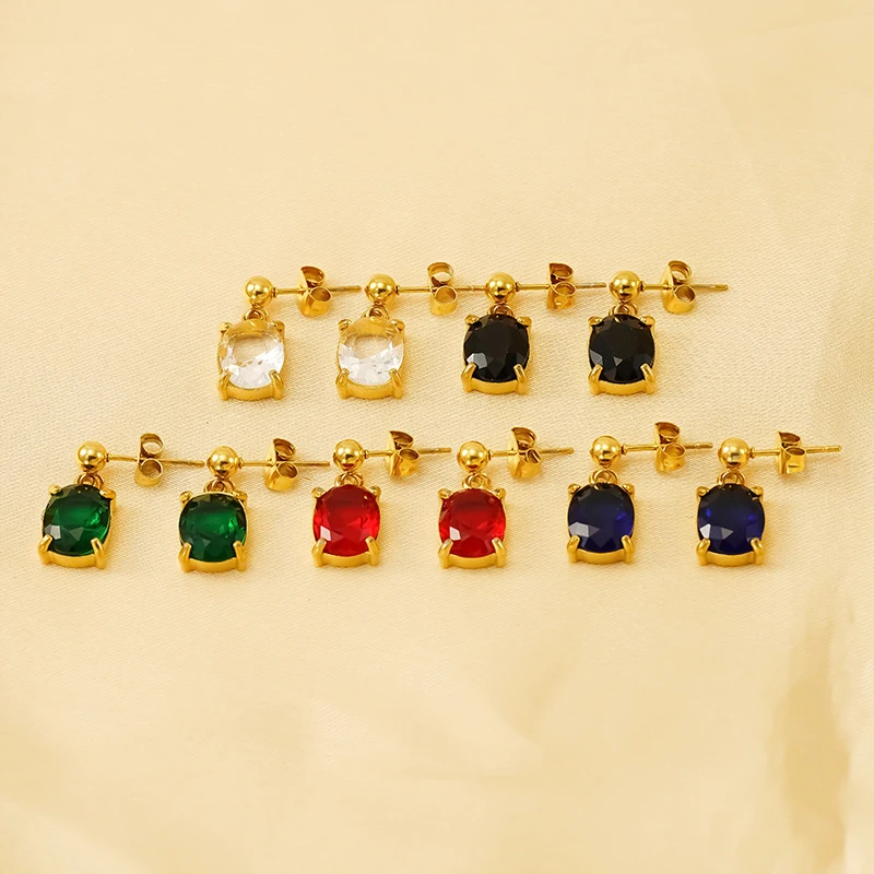 

10Pcs Fashion Simple Stainless Steel Gold Plated Colorful Oval Zircon Pendant Drop Earrings for Women