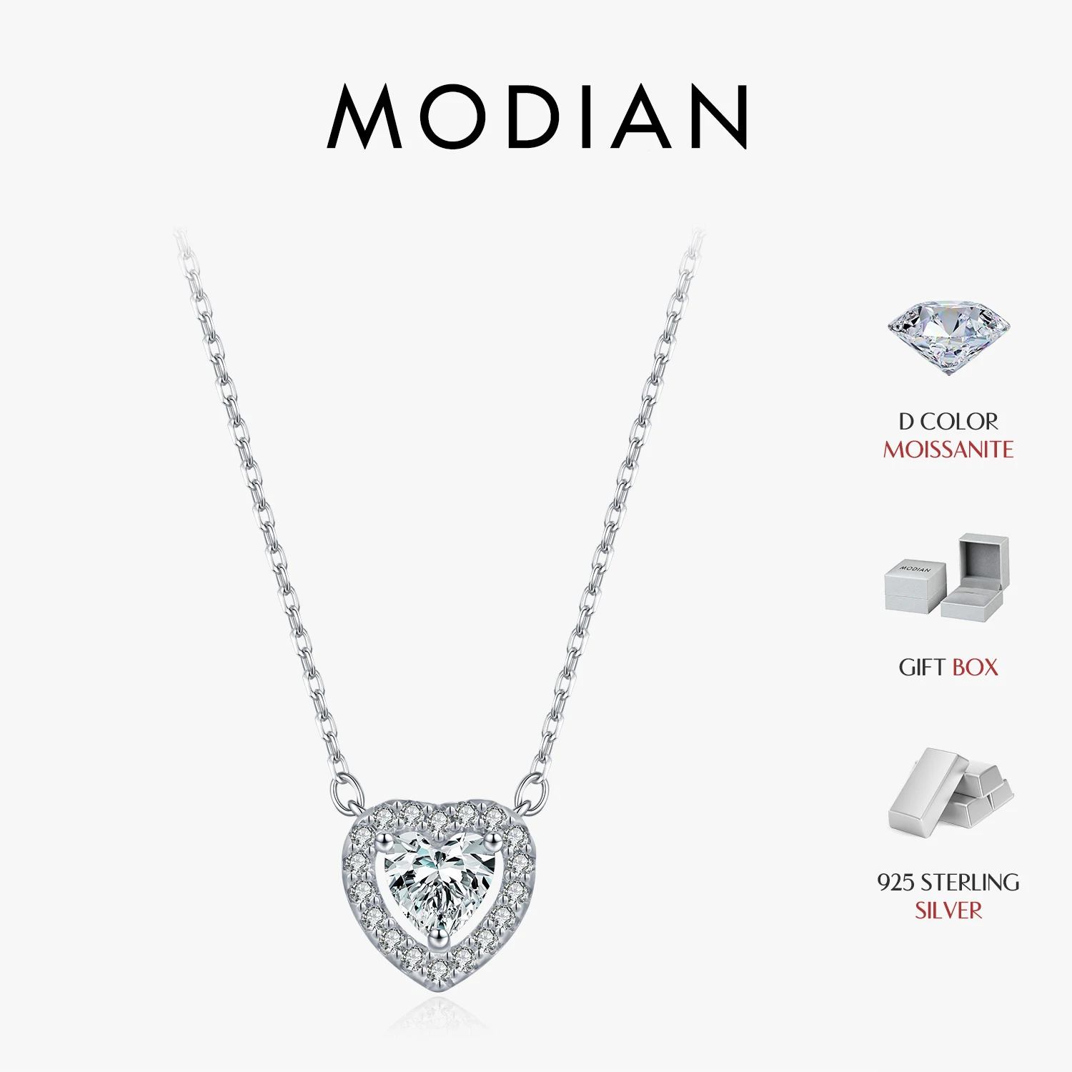 

MODIAN 925 Sterling Silver Sweet Delicate D Color Moissanite Heart Halo Pendant Necklace For Women Fine Jewelry
