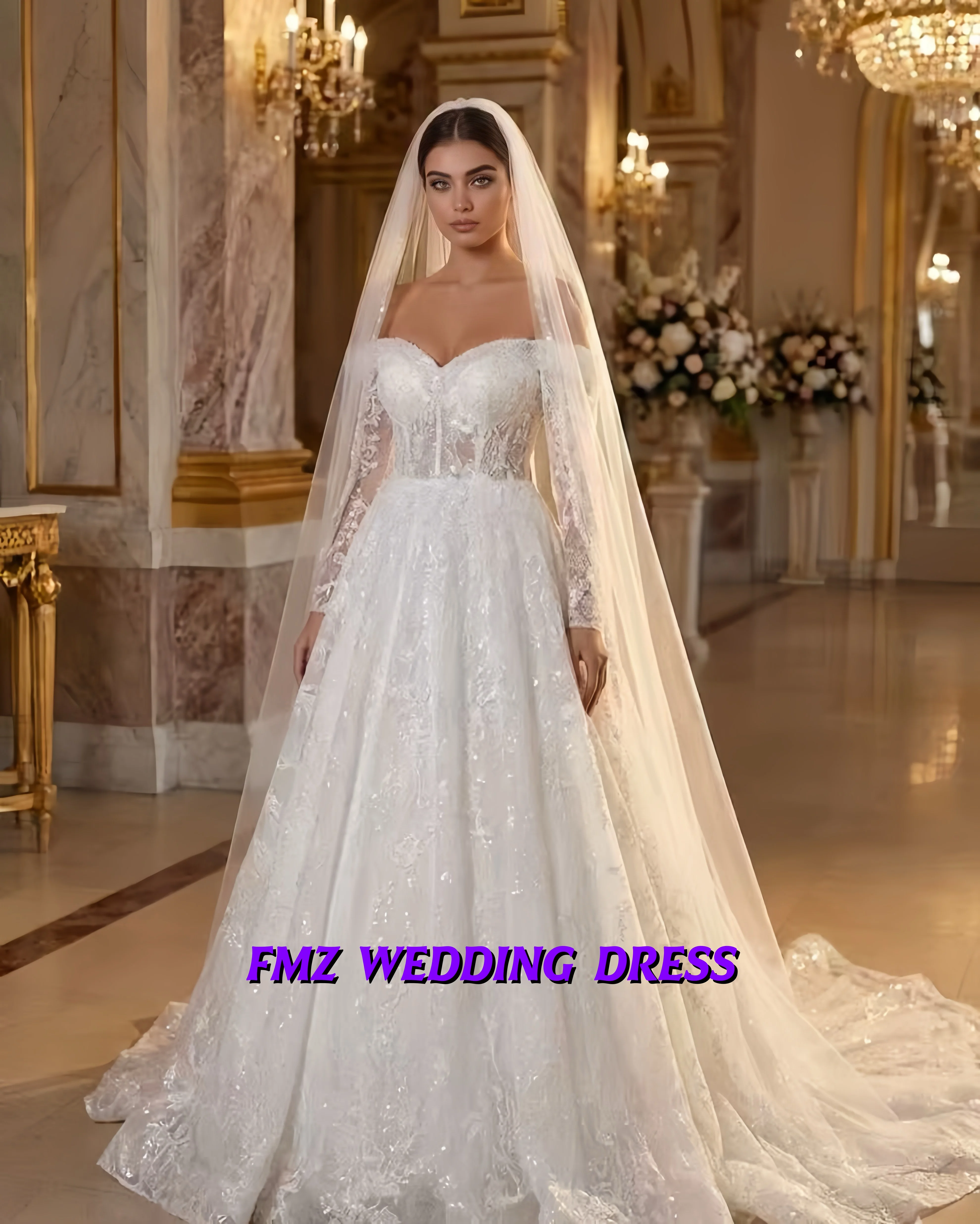 

Customized Customized Wedding Sweetheart Long-Sleeved Ball Gown Decorated Robe for Bride wedding dress vestidos de novia