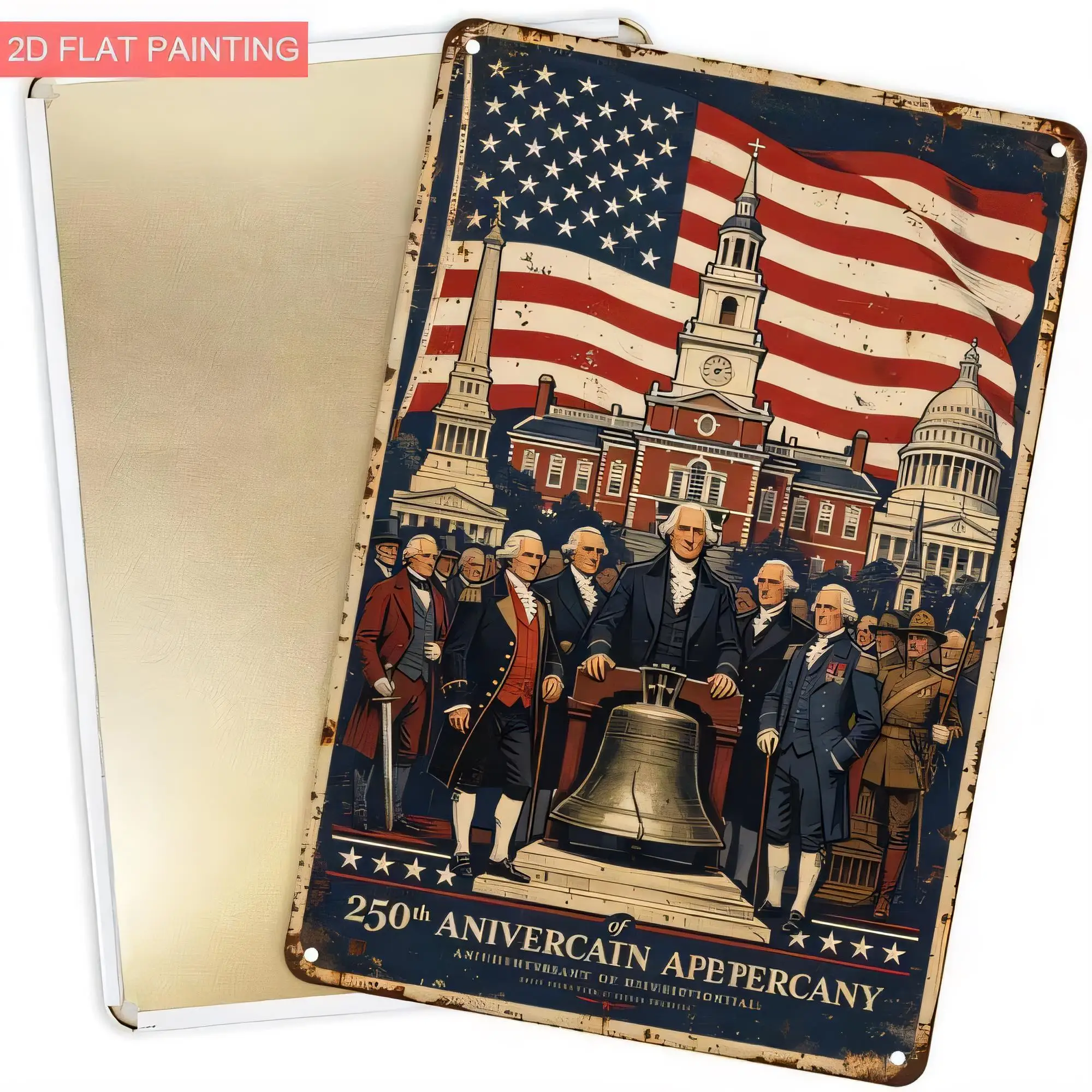 Tin Sign, Vintage 250th Anniversary of Captain Apeppercany Patriotic American Flag & Founder Portrait Metal Wall Art, Retro Rust