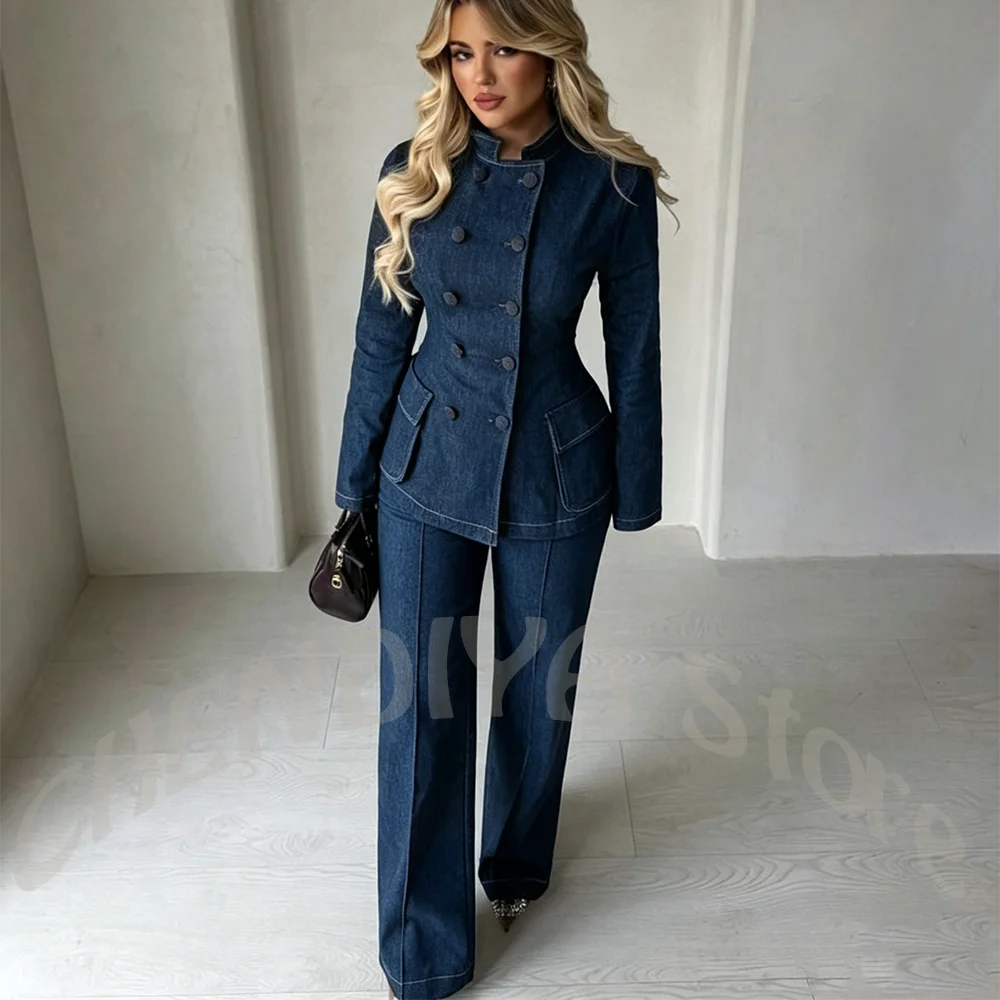 Womens Dark Blue Denim 2-Piece Suit Set Tailored Double Breasted Stand Collar Smart Casual Streetwear Chic Daily Outfits