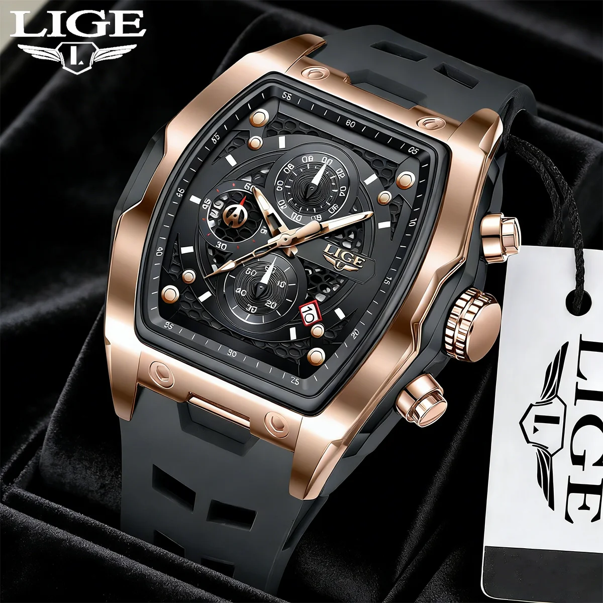 

Мужские часы LIGE в стиле милитари, модные водонепроницаемые кварцевые часы с силиконовым ремешком, календарем, светящиеся мужские часы, хронограф, повседневные часы