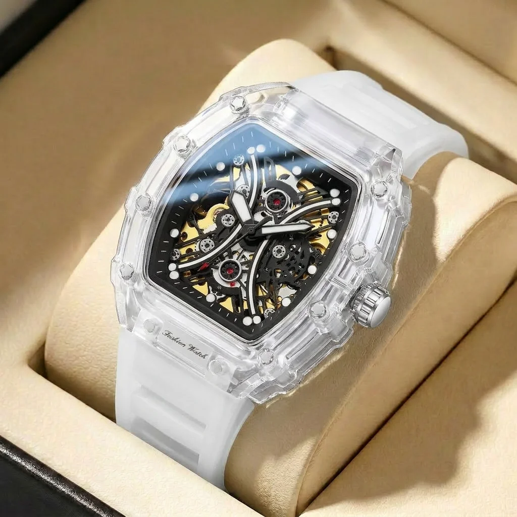 

1pcs Men's black dial silicone strap vintage fashion skeleton gear luxury details Mechanical Watch for business party holiday