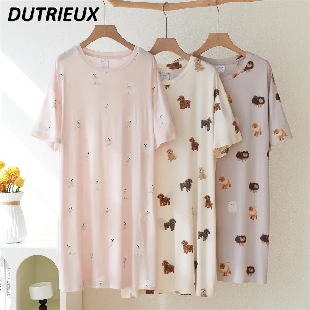 Japanese Cute Sweet Girl Versatile Cartoon Printed Short-sleeved Nightdress Female Summer Thin Skin-friendly Long Pajamas