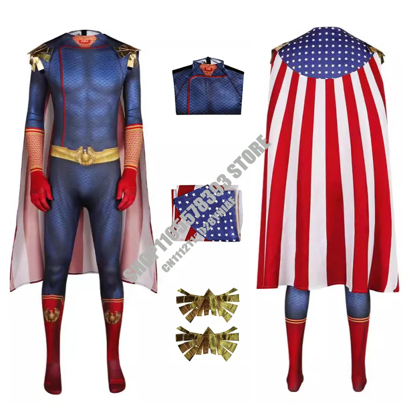 

The Boys Homelander Cosplay Costume Adult Spandex Bodysuit Cape Set Superhero John Gillman Antony Starr Outfit for Halloween Cos