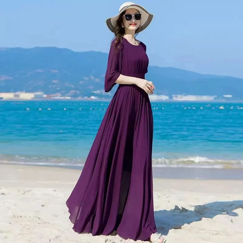 2025 zomer nieuwe chiffon lange jurk voor dames modieuze effen kleur elegant temperament slanke strandvakantie jurken vrouwelijk
