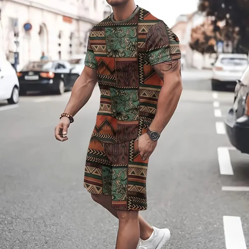 

2025 Spring/Summer Men's Casual 3D Printed Hot Shorts and T-shirt Set - Short Sleeve, Round Neck Regular Fit, Stretch Fabric Lei