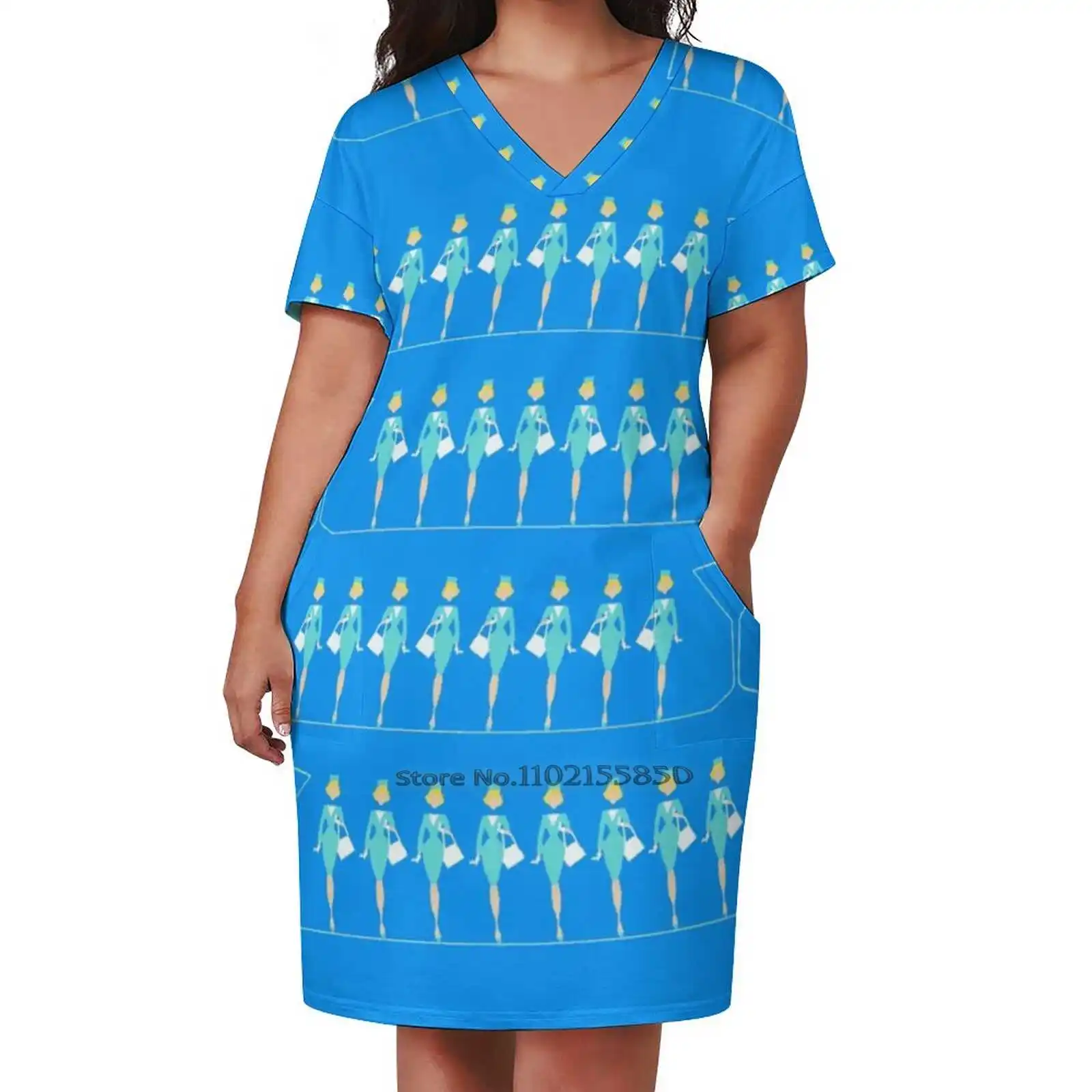 Classic Retro Flight Attendant Loose Pocket Dress Women Casual V Neck Dress Printed Dress Classic Retro Flight Attendant Retro