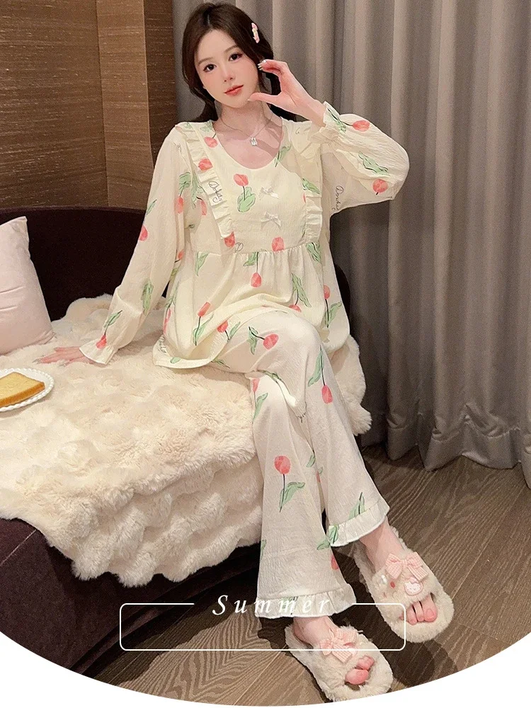 110kg Large Size 2PCS/Set Women Pajamas with Chest Pads Korean Spring Cloud Cotton Loose Homewear Can Be Worn Outside Loungewear