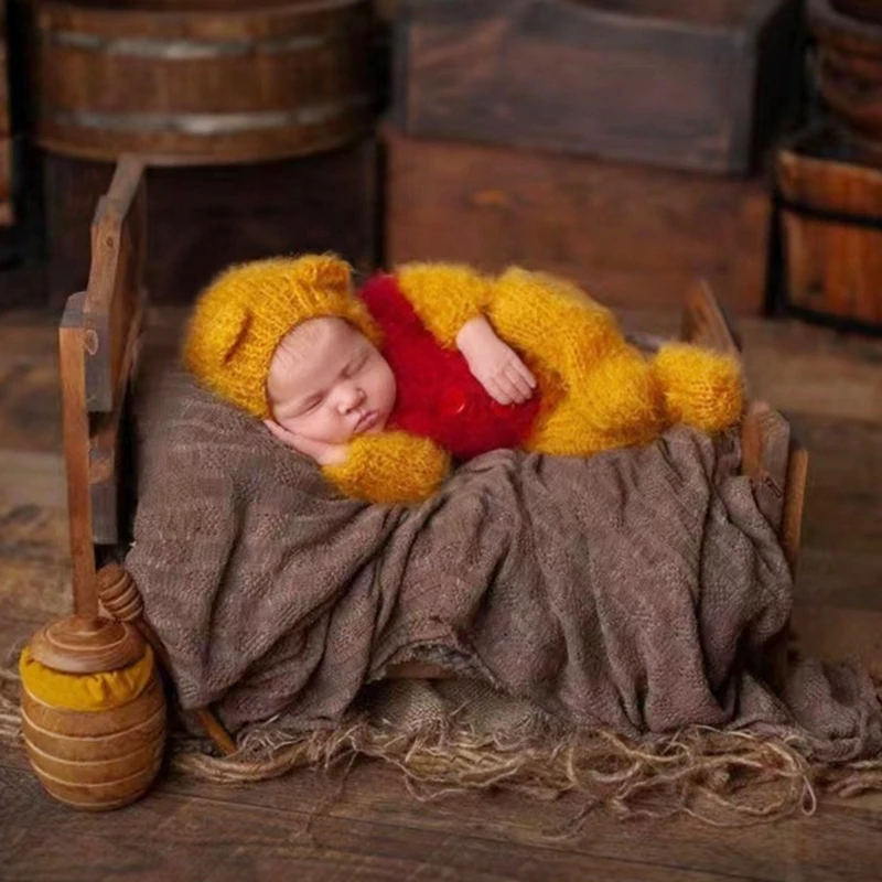 Newborn Bear Ear Photography Set Mohair Hat & Jumpsuit Props for Baby Shoots