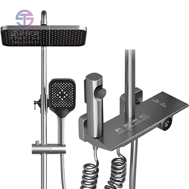 Luxury LED Piano Key Shower Set Thermostatic Rainfall Bathroom Shower System Ceramic Brass Bath Shower Faucets Digital Display