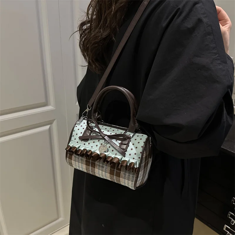 Korean Bow Pillow Bag Women Star Checkered Handbag Blue Brown Pleated Edge Shoulder Bag Cute Heart-shaped Pendant Crossbody Bag view 5