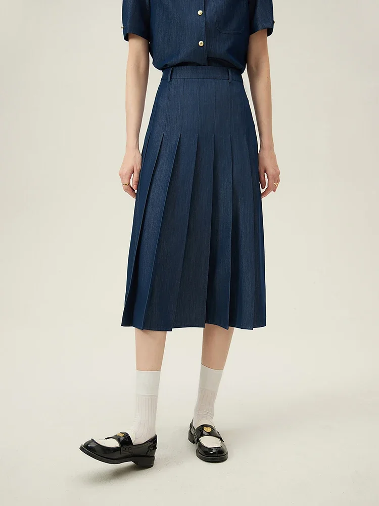 FSLE【3 Colors】Women Zipper Waist Office Lady Grey Skirts Pleated Design Navy Blue Color Summer Long Skirt 24FS12177