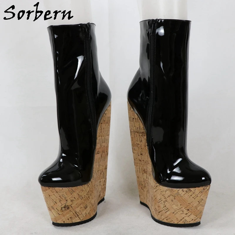 Sorbern Black Patent 22Cm Wedges High Heels Boots Women Platform 5cm Cork Heel Fetish Drag Queen Ankle High Crok Platform