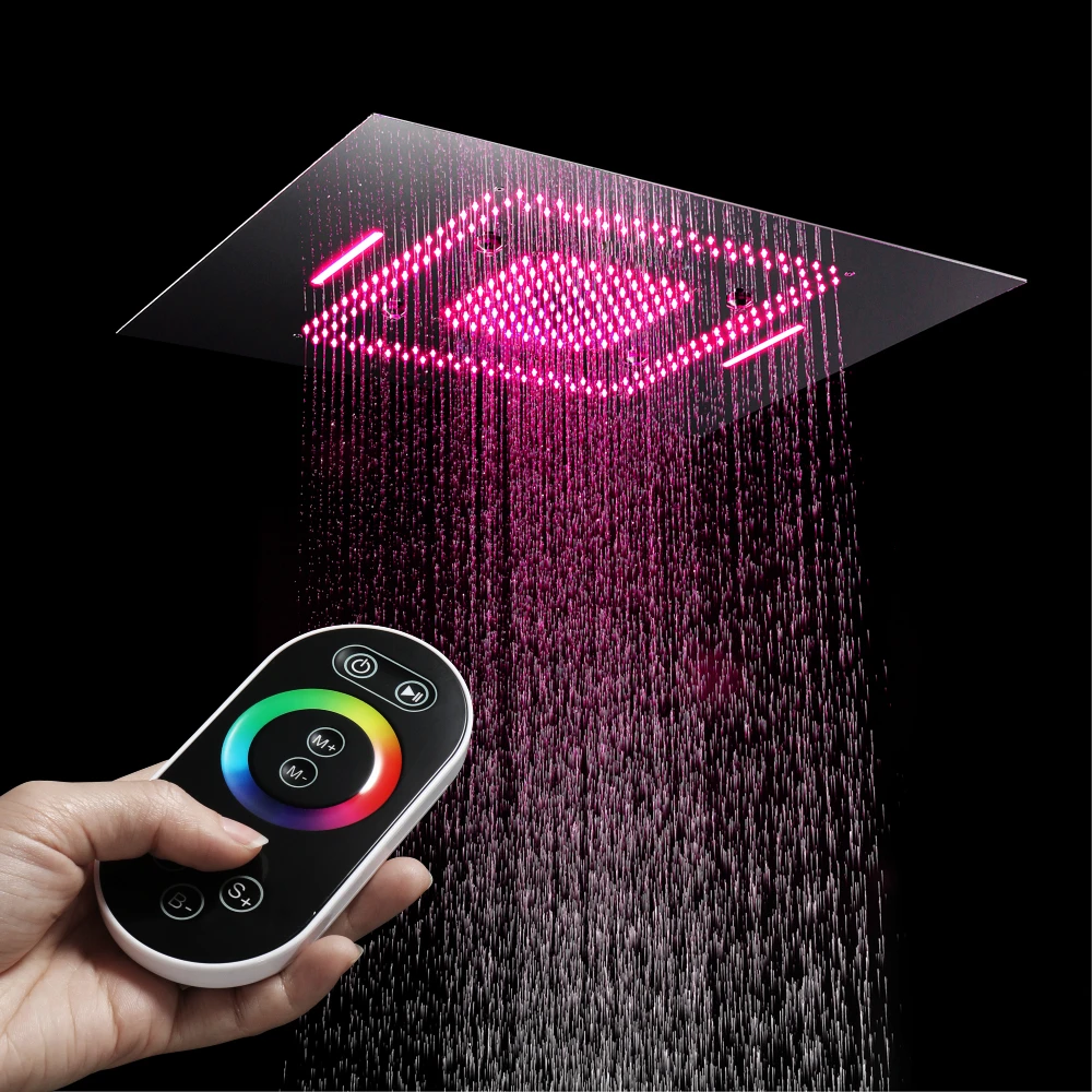 HIDEEP Wall Mount Brass 32*24 Inch LED Shower Head Rain&Waterfall Thermostatic Shower Faucet Set with Ceramic Valve Core