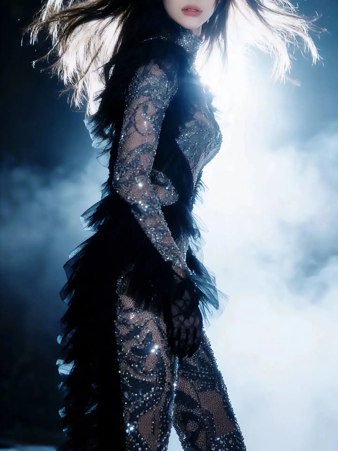 Tuta Aderente Nera con Maniche Lunghe e Cristalli per Donna 2026, Costume da Ballerina per Celebrità, Abito da Palcoscenico per Night Club