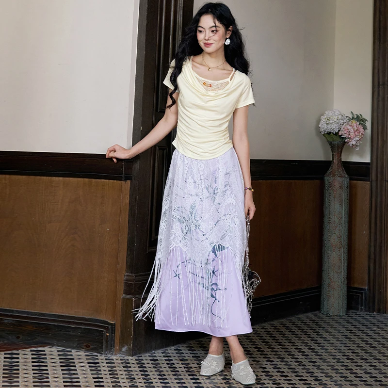 ELFSACK Women's Artistic Satin Butterfly Print Skirt with Lace Tassel, High Waist A-Line Midi Skirt, Elegant Oriental Bottoms