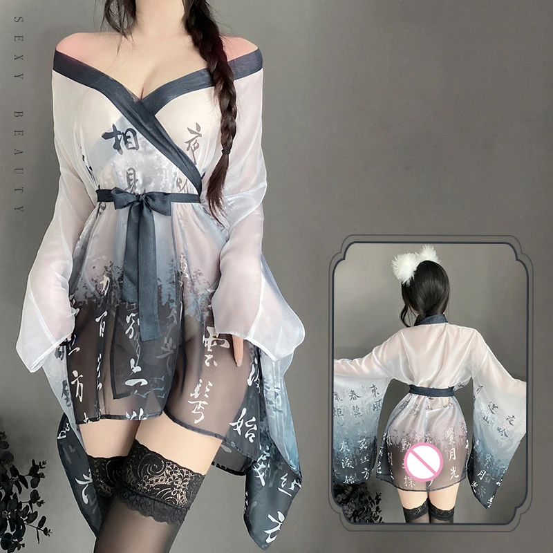 Sexy Women\'s Nightgown Chinese Ink Painting Gauze Ancient Hanfu Uniform Pajamas Ultra Thin Transparent Erotic Kimono Bathrobe