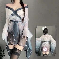 Sexy Women's Nightgown Chinese Ink Painting Gauze Ancient Hanfu Uniform Pajamas Ultra Thin Transparent Erotic Kimono Bathrobe